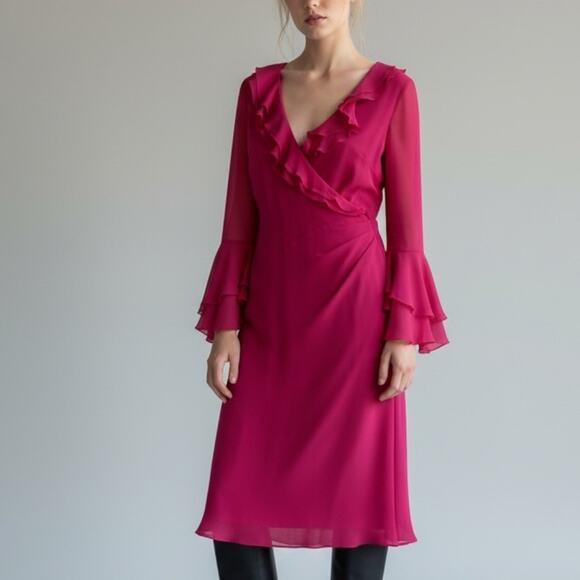 Express Silk Fuchsia Ruffle Wrap Midi Dress Women’s Size 3/4 Long Sleeve Flare 4 - Picture 1 of 10